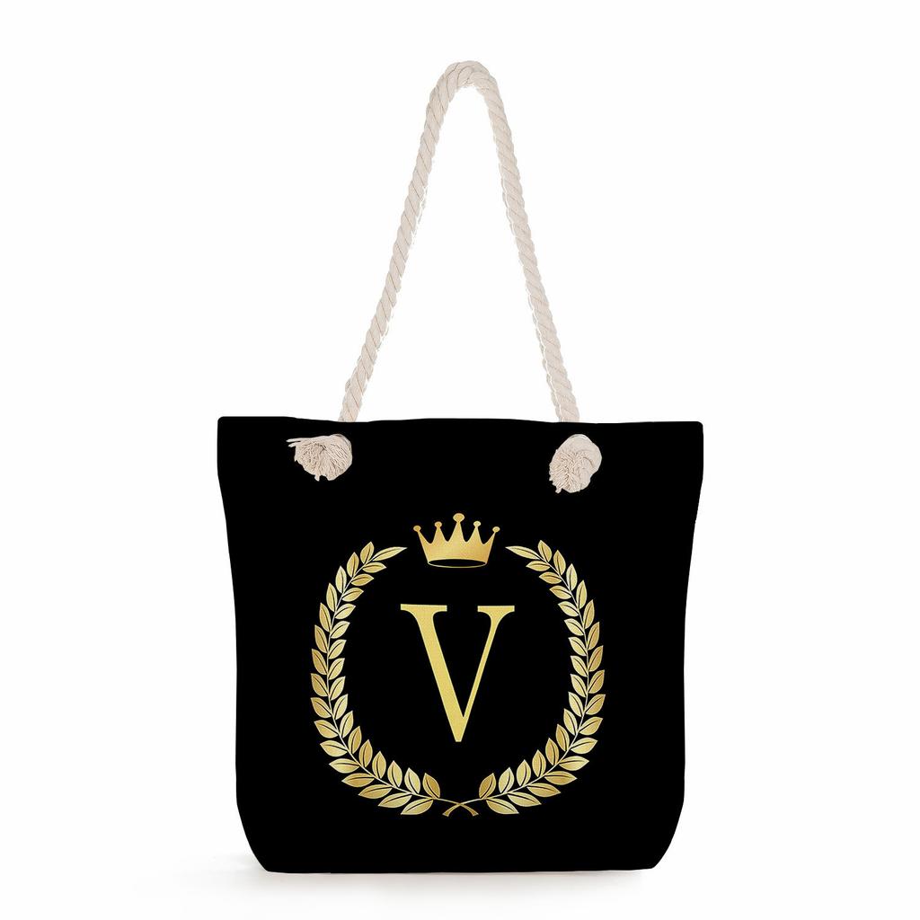Black letters on a black background print thick rope single-shoulder beach bag 7289 CLE