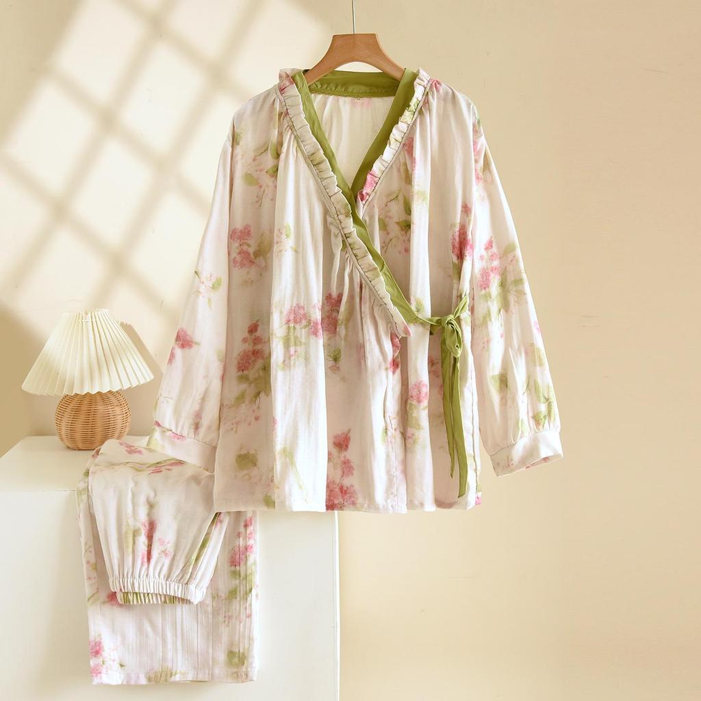 Damen Kimono Pyjama Set aus reiner Baumwolle – Langarm & Hose für Frühling/Herbst, für drinnen/draußen