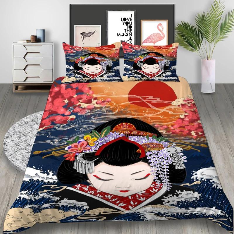 Japanese Geisha King Queen Duvet Cover Red Woman Bedding Set For Kids Teens Adults Koi Fish Eastern Culture 2/3Pcs Quilt Cover