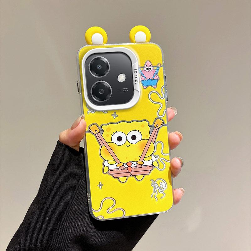 KEYSION Cute Ear Cartoon Case for OPPO A3 A3X 5G A5i with Lanyard Soft Silicone+PC Shockproof Phone Cover for OPPO A40 A40m