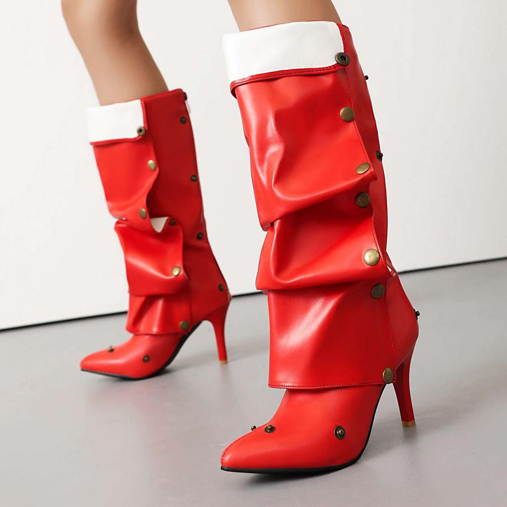 Lenkisen PU Autumn Winter Shoes Pointed Toe Stiletto Thin High Heels Metal Rivets Keep Warm Fashion Knee Boots