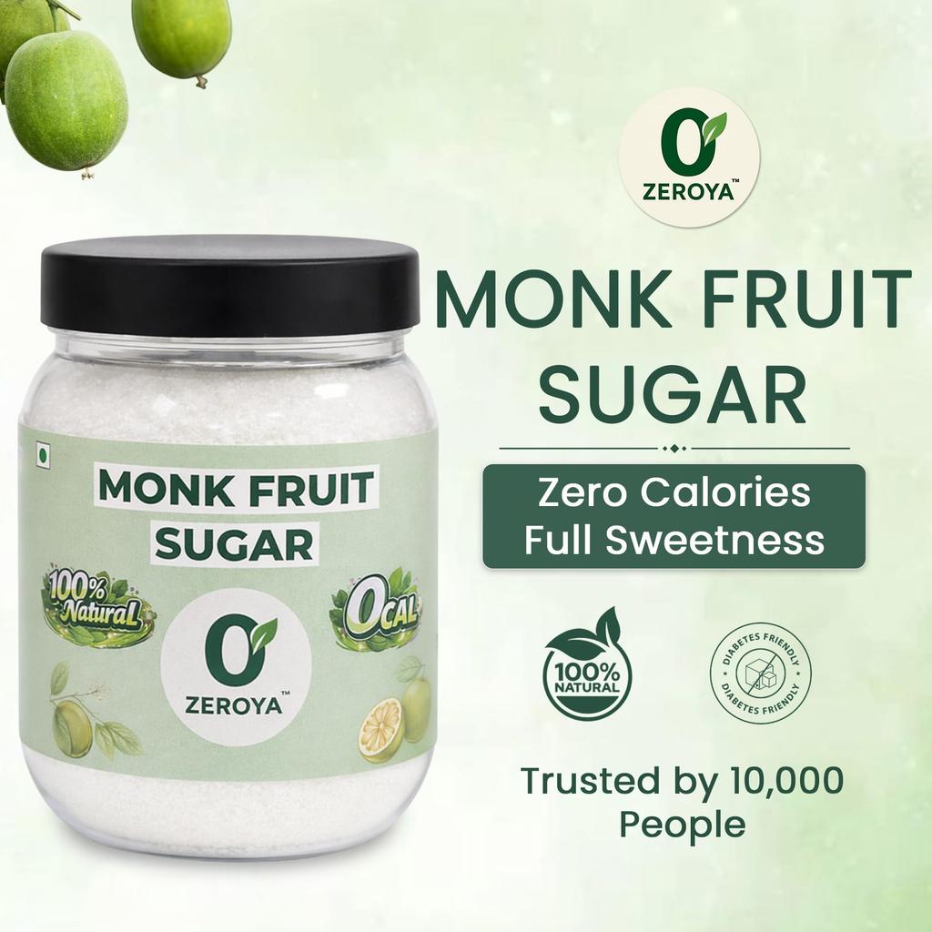 Dolcificante Monkfruit Zeroya 400g | 100% Naturale - Sostituto dello Zucchero a 0 Calorie | Dolcificante Monk Fruit Amico della Dieta Chetogenica | Stesso Gusto dello Zucchero per Tè, Caffè