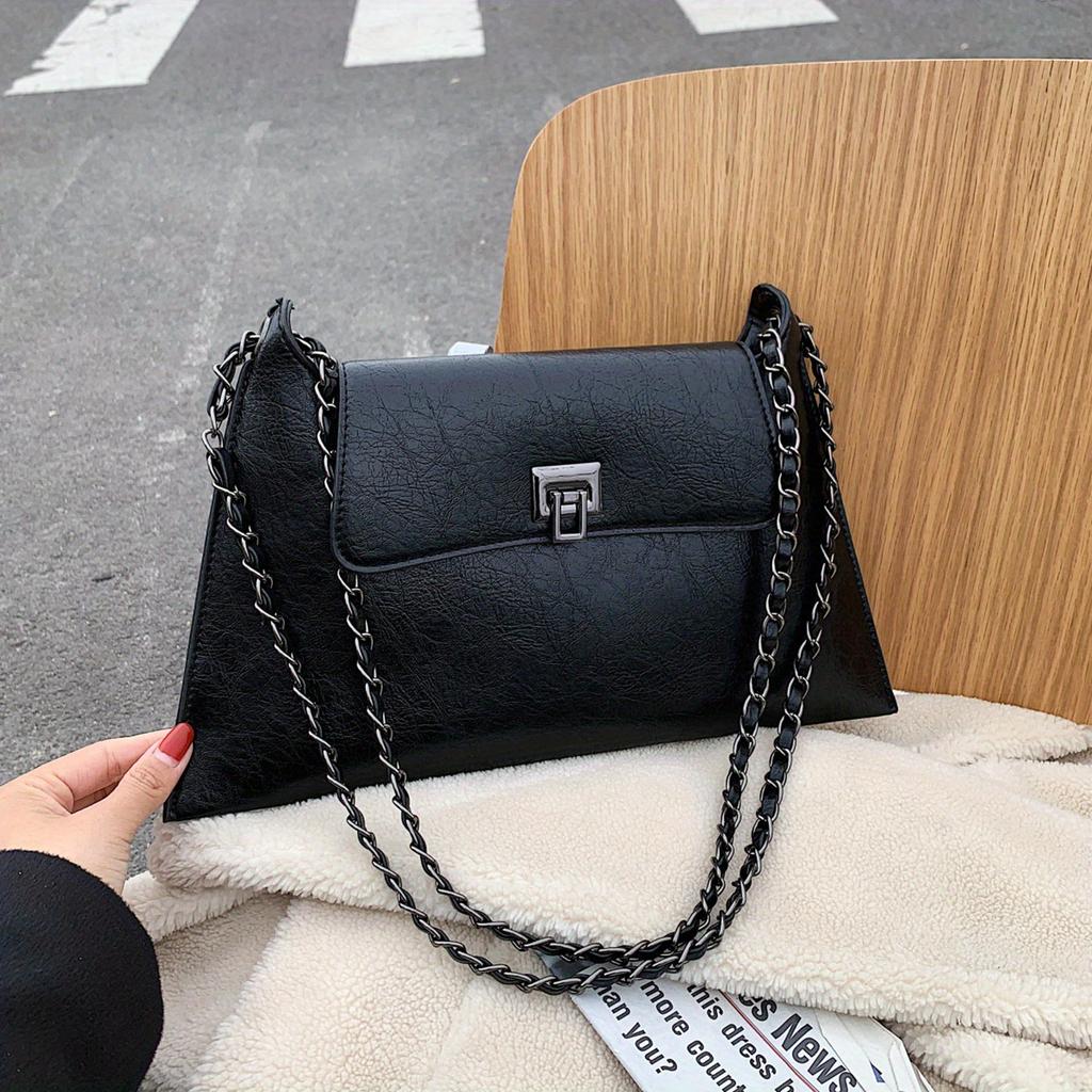 Vintage Metal Chain Underarm Bag, PU Leather Textured Bag Purse, Fashion Versatile Baguette Bag