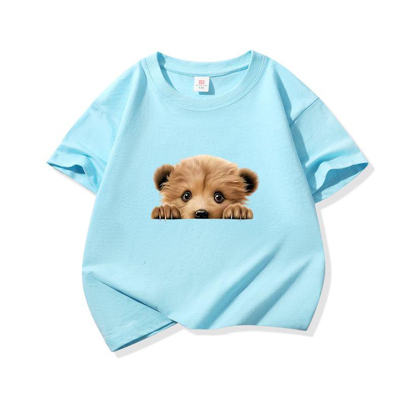 Kids Cotton T Shirt Cute Peeking Bear Cub Print Crew Neck Short Sleeve Tee Casual Breathable Boys Girls Summer Tops