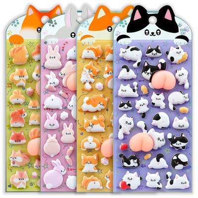 Zenoco Squishy 3D Butt Puffy Stickers for Decorating Planners and Notebooks of No Duplicates Item Stickers, Design, Marshmallow-like Texture, (Set 4,