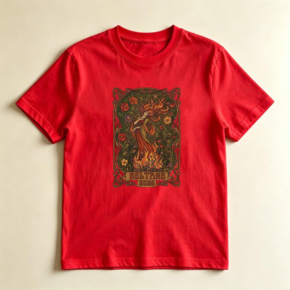 Vintage Art Nouveau Beltane TShirt Pagan Fire Festival Goddess Graphic Tee Witchy Floral Nature Inspired Casual Unisex Shirt