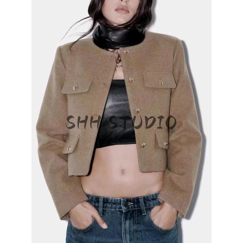 Summer New Product Women's Clothes French Style Classic Style round Neck Long Sleeves Flip Decoration Short Jacket 3046278