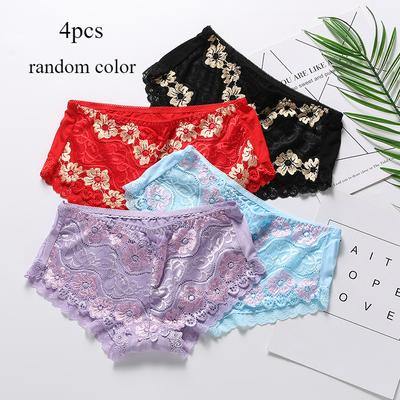 3pcs 4pcs/set Sexy Hollow Lingerie Lace Patchwork Knickers Soft Mid Waist Women's Underwear for Girls Panties