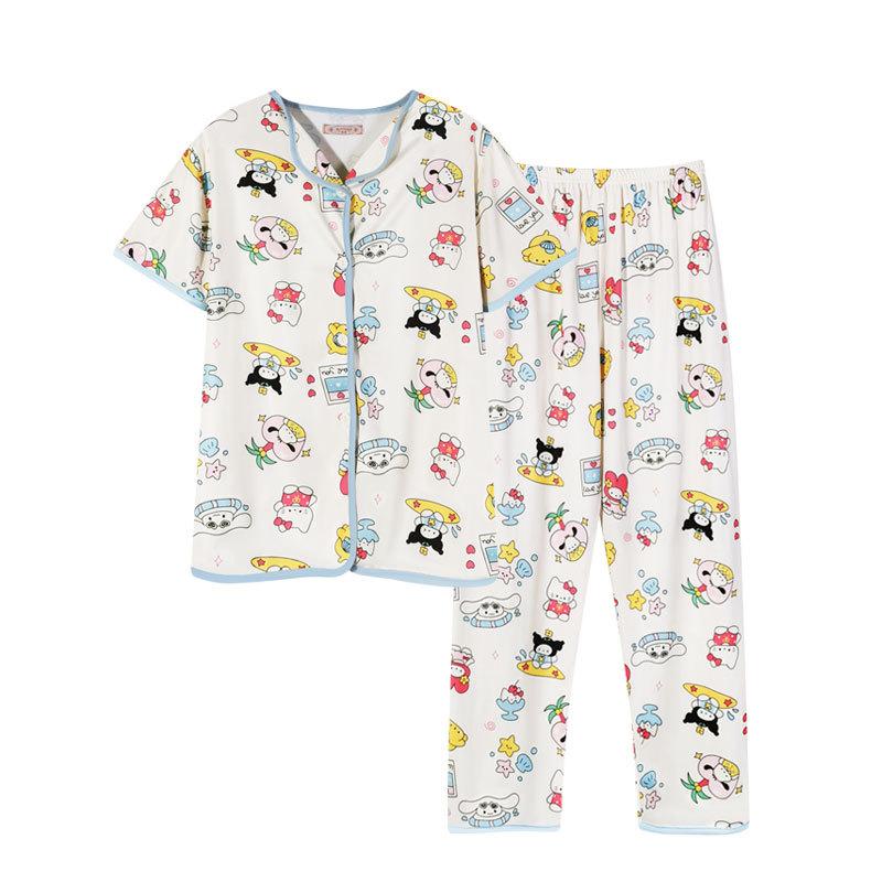 Pajamas Female Cute Cartoon Cardigan Cotton Short-Sleeved Trousers Soft And Skin-Friendly Summer Loungewear Two-Piece Set