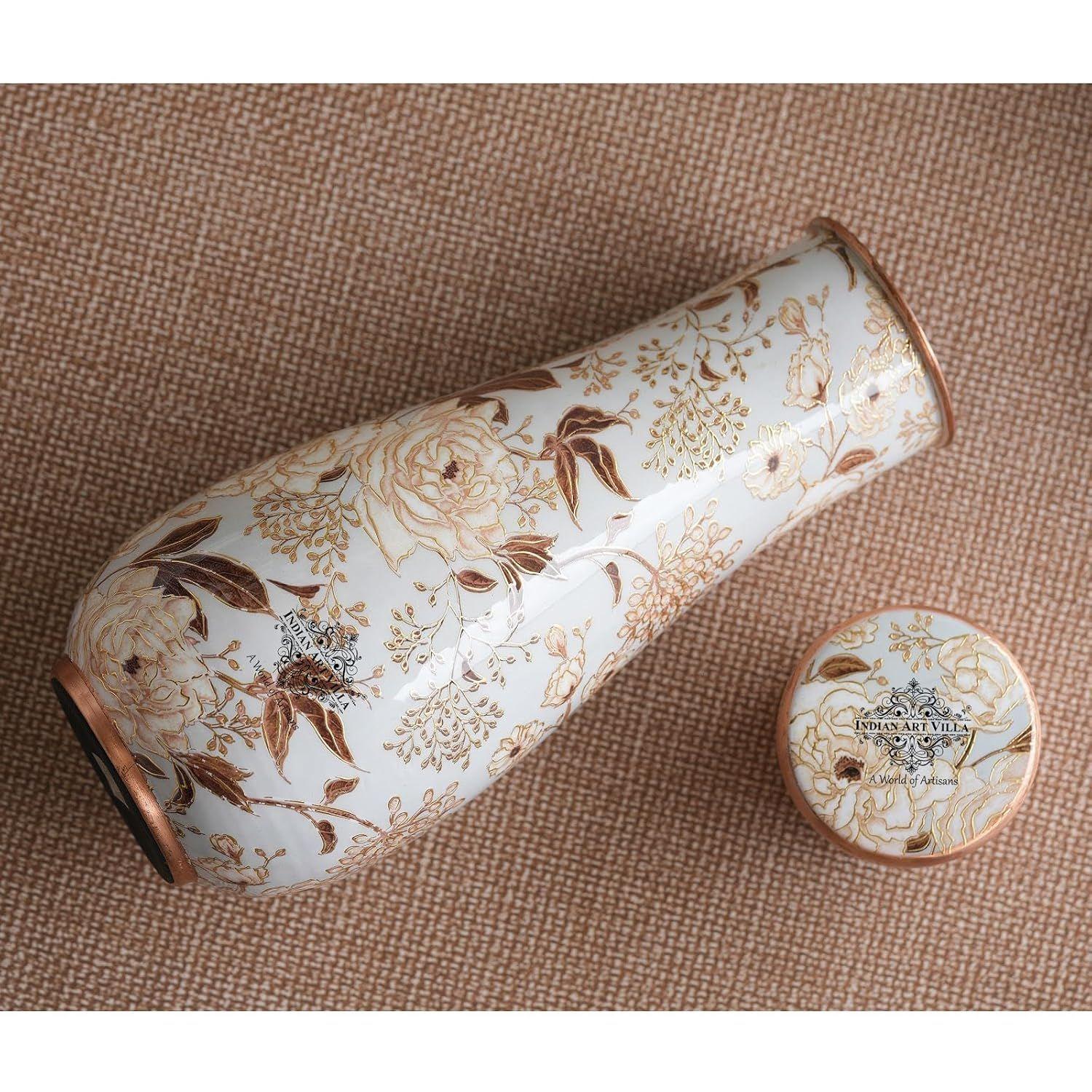 

Gold Flower Print Bedroom Bottle – Designer Copper Drinkware, Elegant Copper Water Bottle for Everyday Use, Volume- 1500 ML