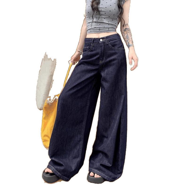Women's High-Waisted Dark Blue Wide-Leg Jeans, Spring 2025 - Slimming, Hot Girl Style, Loose Straight-Leg Floor-Length Design