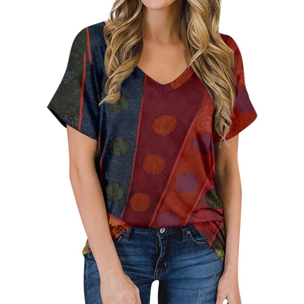 Women's Summer Casual T-shirt 2025 Fashion Retro Printing Harajuku Blouse T-shirt Street Short-sleeved V-neck Blouse