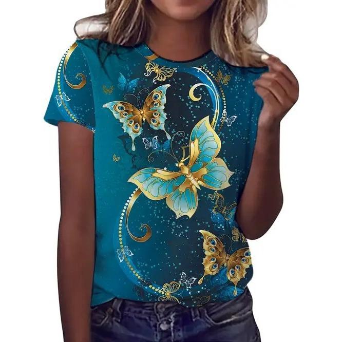 Summer Round Neck 3D Flower Butterfly Pattern Print Top Fashionable Casual Retro Short Sleeved Women's T-shirts