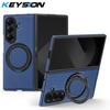 KEYSION 360° Rotating Magnetic Ring Stand PU Leather Case for MagSafe for Samsung Z Fold 7 5G Wireless Charging Phone Back Cover