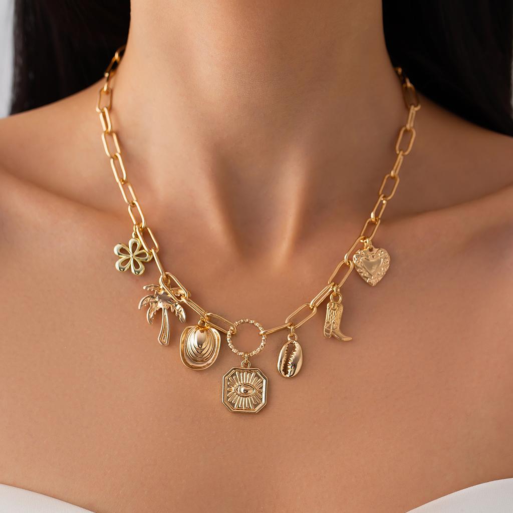 SHIXIN Starfish Conch Love Heart Imitation Pearl Red Chili Pendant Necklace Women Adjustable Clavicle Chain Summer Beach Jewelry