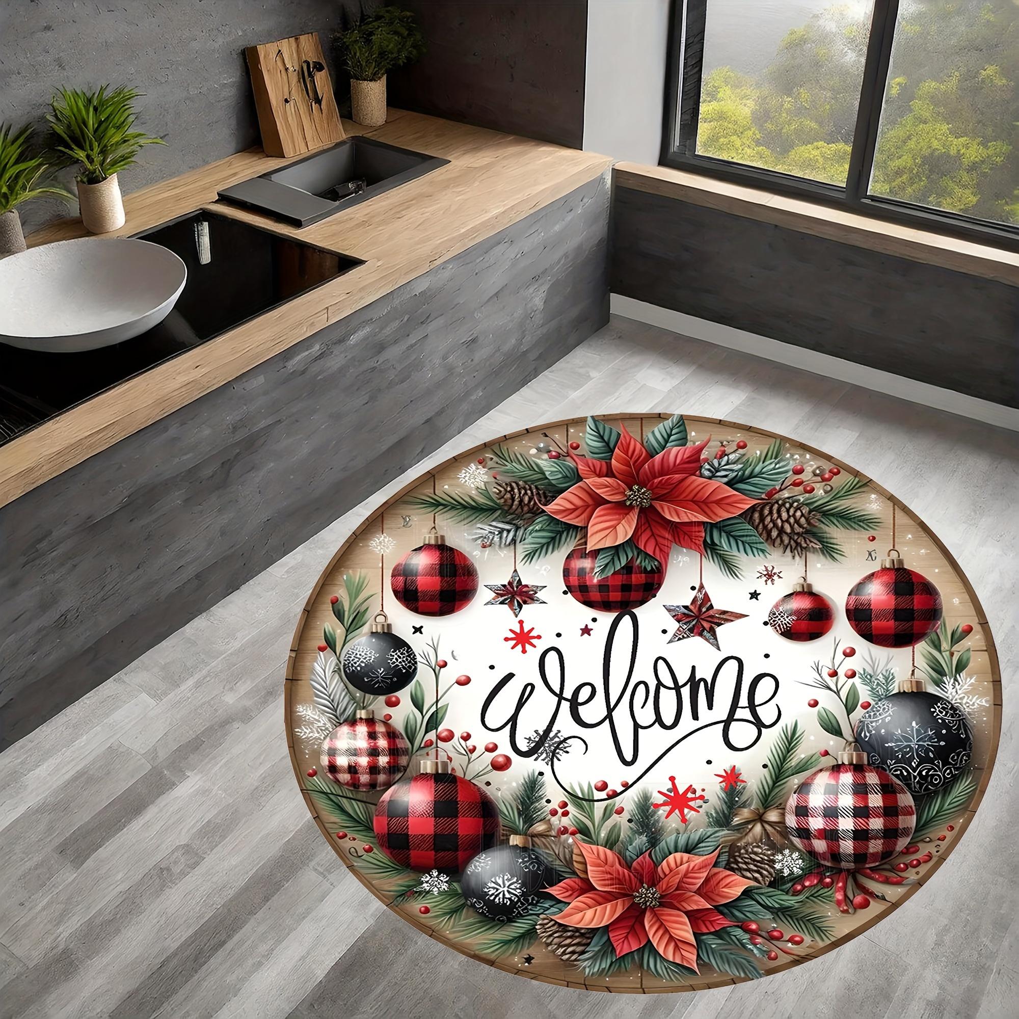 

Welcome Home Christmas Round Mat, Red Black Plaid Poinsettia Berry Design for Entryway Decor, Non-Slip Holiday Doormat Diameter 60cm