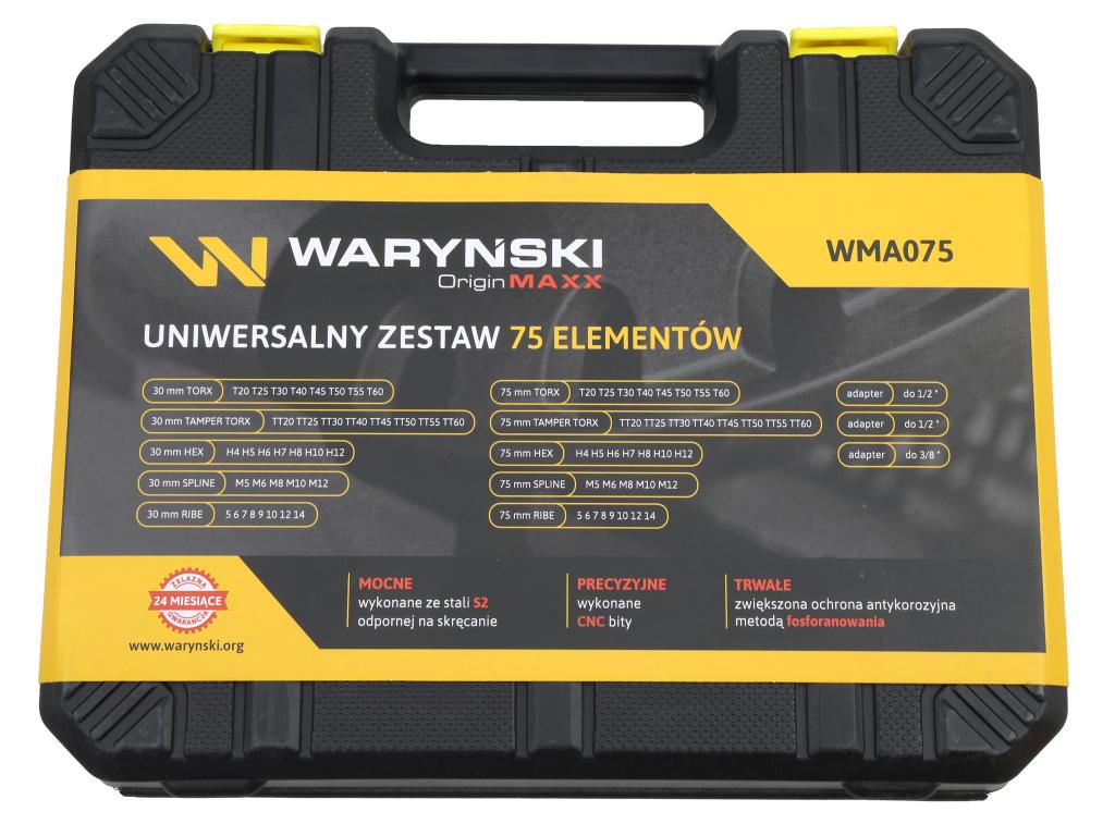 Bit set, 75mm torx hex spline ribe made of S2 steel, anti-corrosion coating with adapters, 75 pcs., Waryński