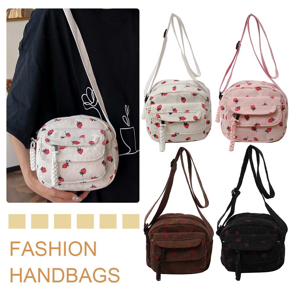 Cute Strawberry Trendy Crossbody Bag Corduroy Messenger Bag Casual Zipper Underarm Bag for Women Travel Work Shoulder Bag