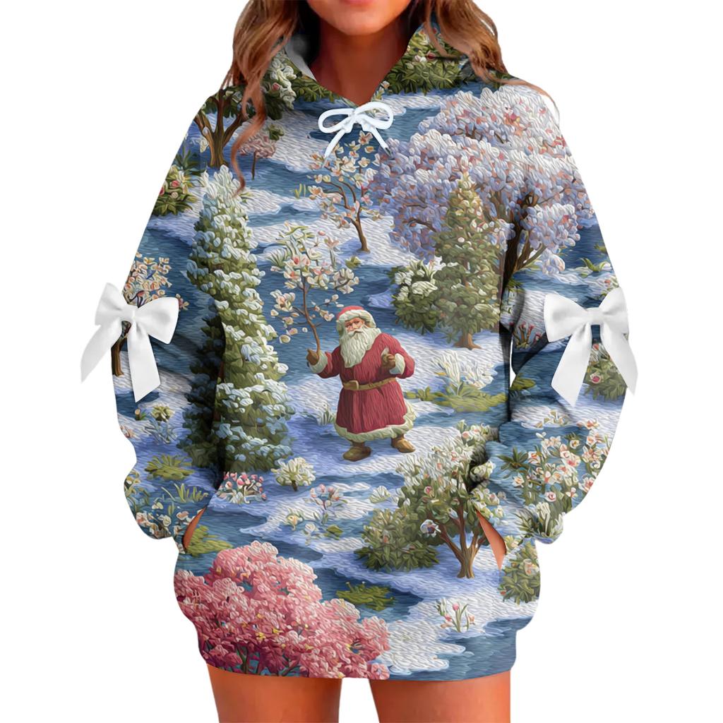 Ladies' Christmas Printed Bow Long Sleeved Loose Fitting Headband With Rope Hooded Sweatshirt Top