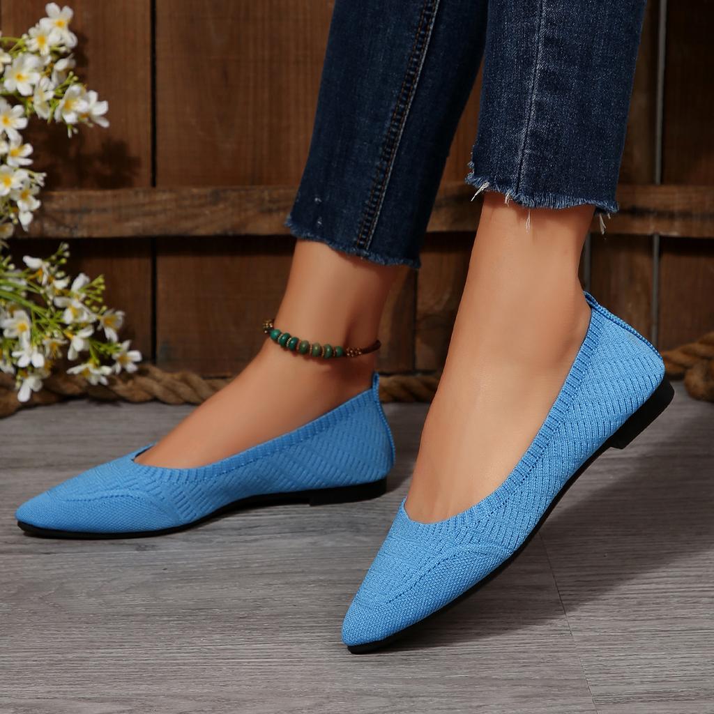 Fashion Retro New 2025 Women Flat Shoes Fashion Leisure Comfortable Walking Large Size Pointed Shallow Elastic Knitting Face Shoes
