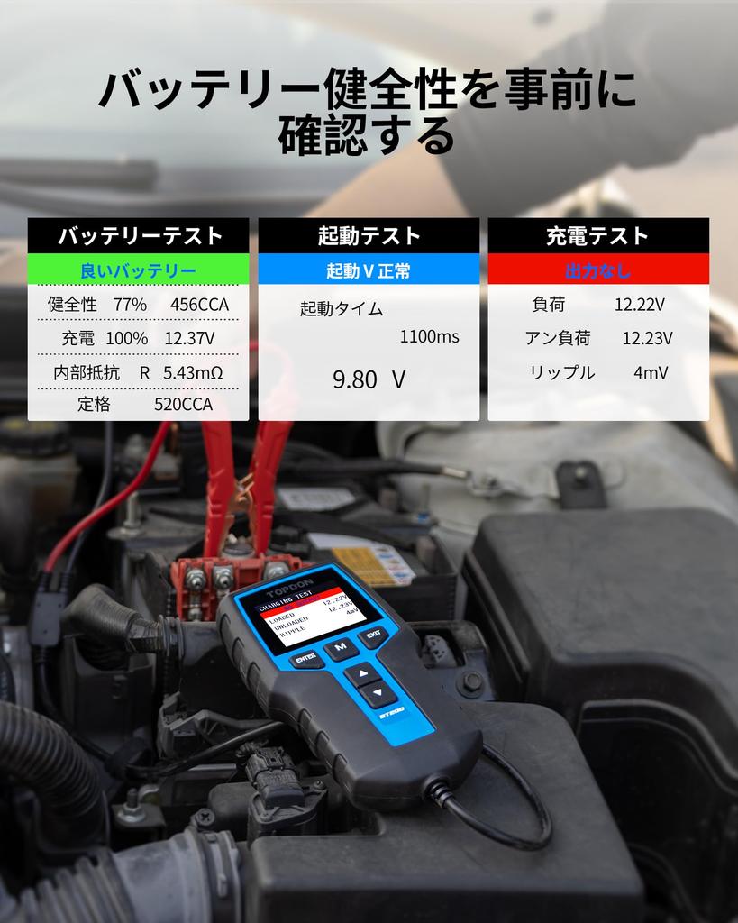 TOPDON BT200 CCA Test pro a s japonským interním a systémem Zahrnuje japonský návod k obsluze Tester, Vysoká přesnost 100-2000 AGM, Gel, EFB,