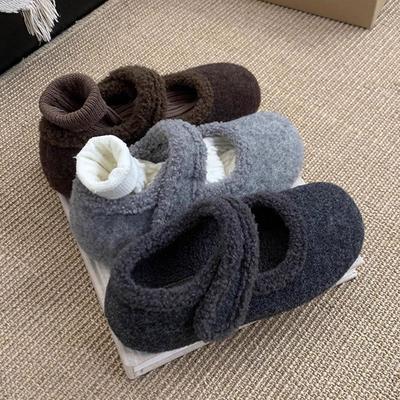 Inner Height Increase Thick Sole Women's Velvet Gray Mary Jane Fluffy Shoes Women Wear Woolen Cotton Shoes In Winter
