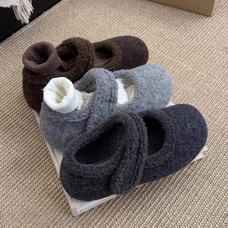 inner height increase thick sole women's velvet gray Mary Jane fluffy shoes women wear woolen cotton shoes in winter
