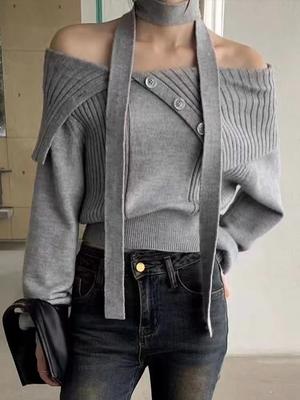 Odkryte ramiona seksowny sweter z dzianiny damskie francuskie klapy elegancki ciepły sweter topy jesień zima moda luźny patchwork sweter nowy