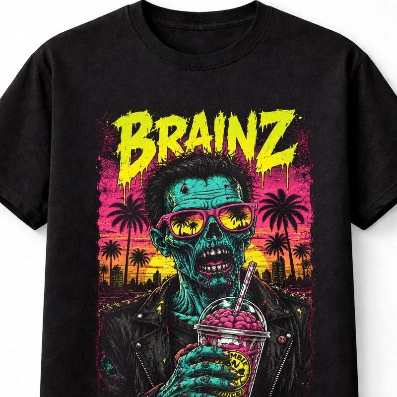Brainz Zombie Horror Retro Sunset Skull Graphic Goth Unisex TShirt S