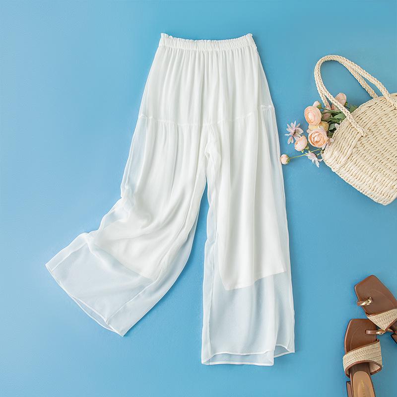 

Odai Solid Color Mulberry Silk Wide-Leg Pants - Summer Zen Style with Wood Ear Trim XXL белый
