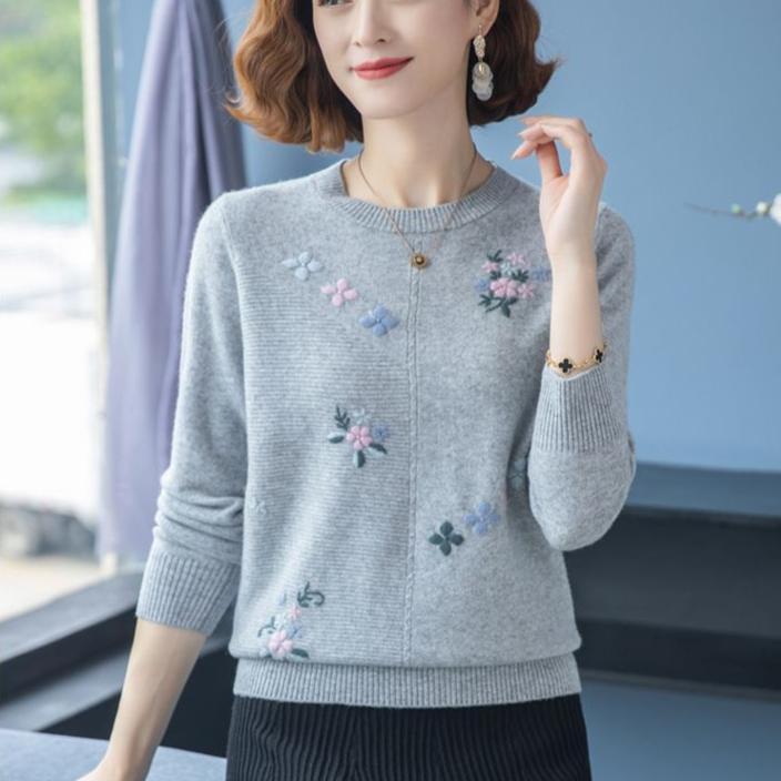 Spring Autumn Women's Crewneck Sweater Embroidered Loose Plus Size Knitwear Pullover Stretch Knit Top