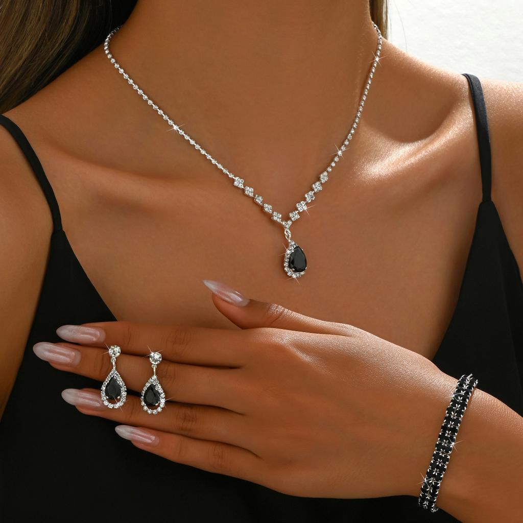 Dazzling Zircon Waterdrop Necklace, Earrings and Bracelet - Bridal Wedding Jewelry Set