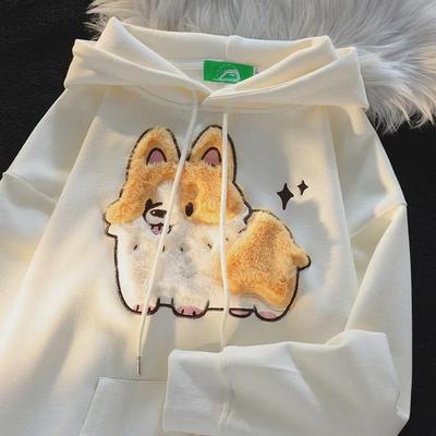 Cartoon Corgi Embroidered Fleece Hoodie for Women 2024 - Autumn/Winter Casual Unisex Pullover
