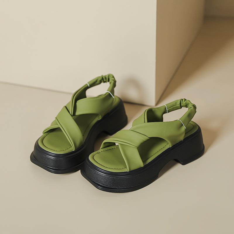 Platform Sandals Women's Summer White Green Roman Shoes Soft Sole Versatile Cross Strap Muffin Shoes Beach Shoes