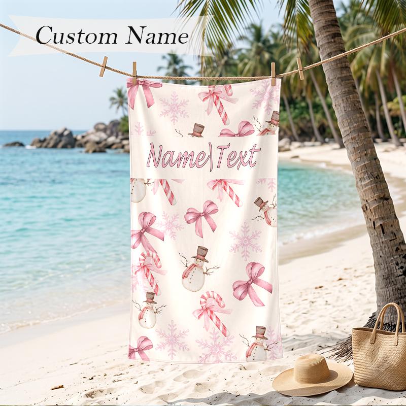 Pink Christmas Custom Name Printed Beach Towel Personalized Soft Towel For Swimming Beach Travel