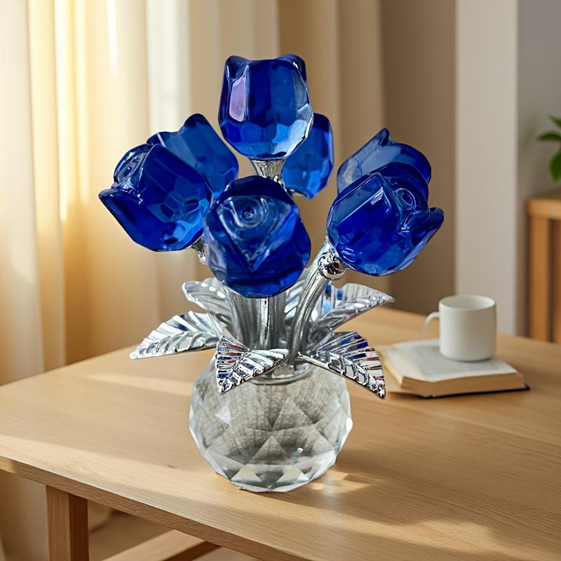 Exquisite Crystal Glass Rose Sculptures - Elegant Red, Blue & Pink Floral Decor with Sparkling Leaves, Multi-Room Home Décor for Bedroom, Kitchen..