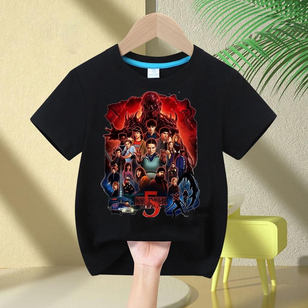 Boys and Girls Demogorgon Hawkins Top Stranger Things Childrens Cartoon Print Pure Cotton Tshirt 2026 Summer Round Neck