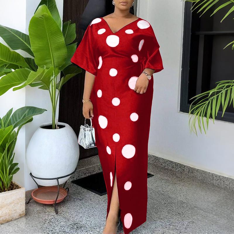 Oversized Women Half Sleeve Polka Dots Print Slim Waist Casual Loose Maxi Long Dress
