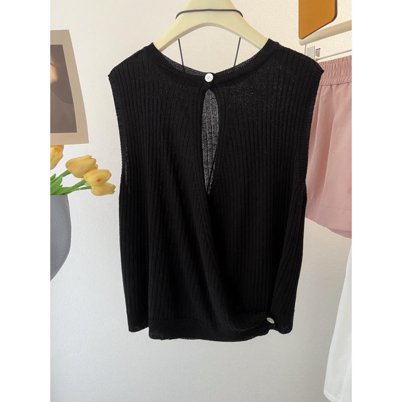 Women's French Sleeveless Knit Camisole - Open-Back Linen Tank Top for Summer