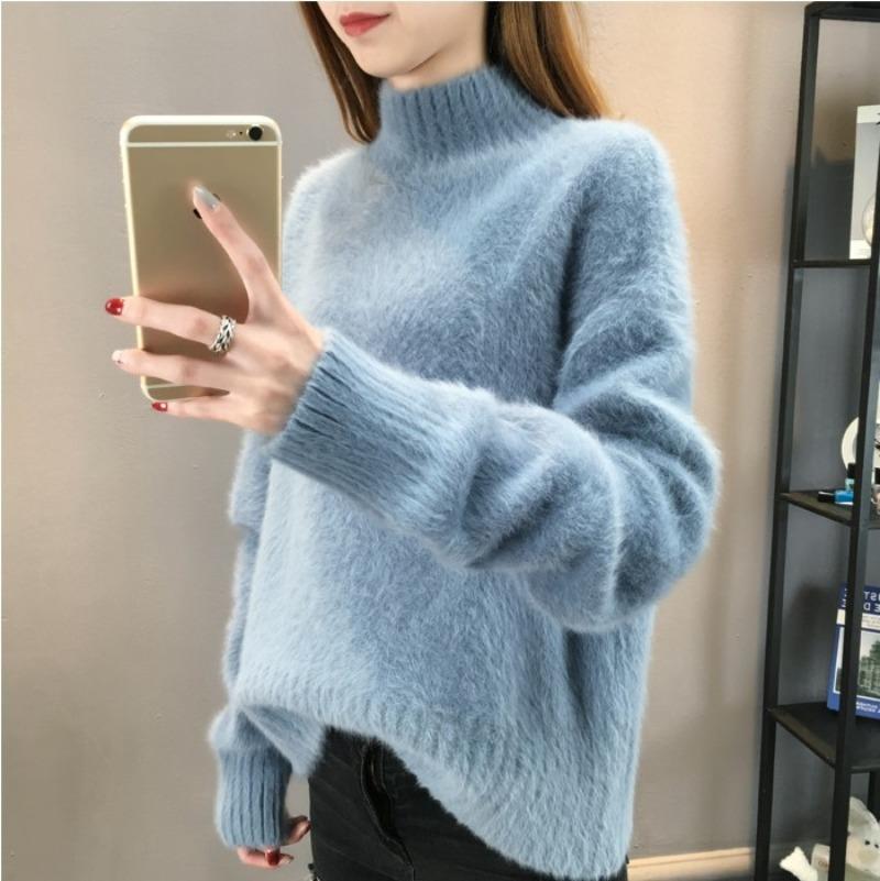 2024 Autumn Thick Velvet Warm Pullover Sweater Women Winter Clothing Fashion Loose Outerwear Half High Neck Knitted Sweaters Ladies Tops 25143
