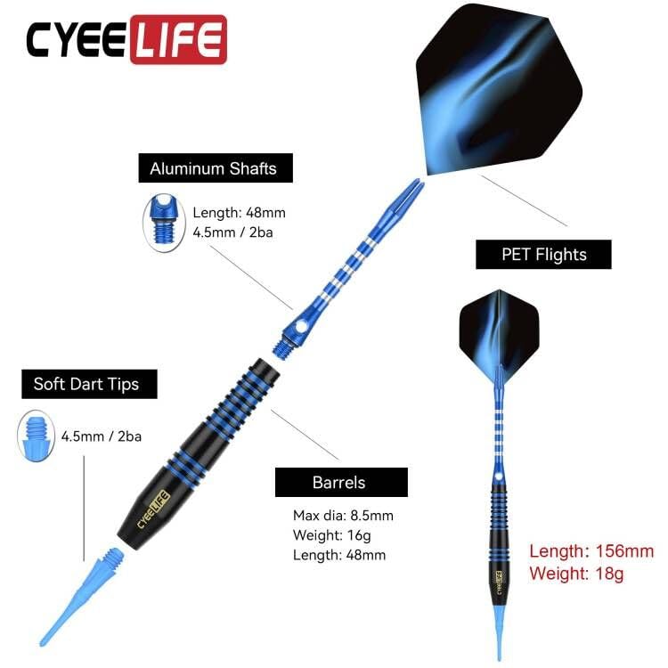 Cyeelife Darts Plastic Tips, Soft Tip Darts Set, 12 Pieces 18g, 4 Colors, High-Quality Aluminum Shank, 100 Extra Dart Tips, 16 Darts, 2 Electronic Dar