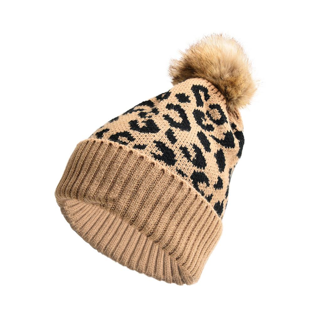 Fashionable leopard print curled fur ball knitted hat for women outdoor warm thickened autumn and winter ladies wool hat