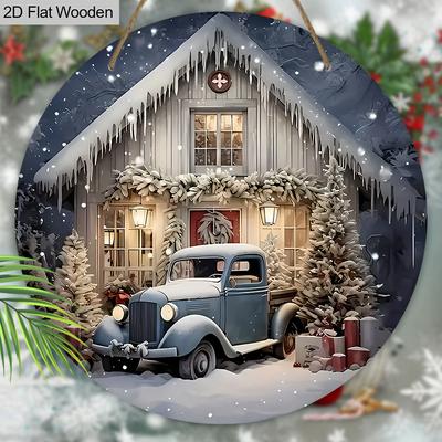 Warm Winter Wooden Christmas Sign with Snowhouse Pattern - Navidad Round Sign for Front Door, Wall Hanging Decor - Ideal Christmas Decoration
