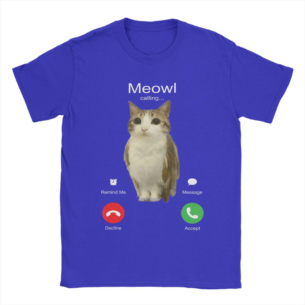 Men TShirt Meowl Is Calling Phone Call Meme Brainrot Funny Cat Owl Cotton Tees Short Sleeve T Shirts Round Neck Clothing