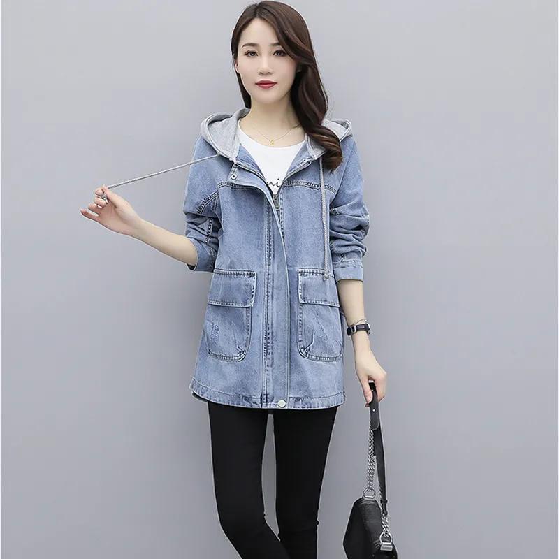 Women's Spring/Fall Mid-Length Causal Drawstring Trench Coat with Large Pockets and Hooded Denim Jacket