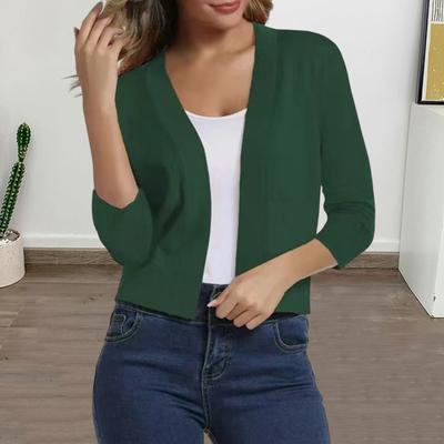 Women Knitting Cardigan Collarless 3/4 Sleeve Short Knitting Jacket Solid Color Open Stitching Knitted Outerwear