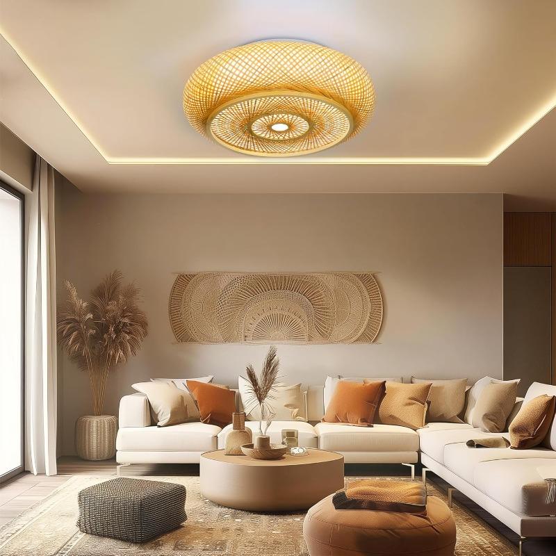 Bamboo Woven Rattan Ceiling Light Boho Hanging Pendant Lamp Flush Moun Light Fixture for Bedroom Living Room Dining Room Light