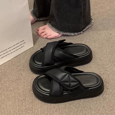 Black Slippers Women Wear Platform Sandals In Summer, New Models In the New Year, Flat Bottom One-word Drag Muffin, Lazy Sandals Women