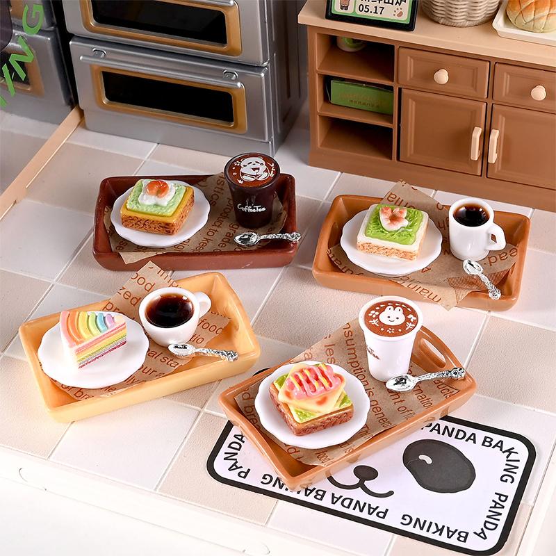 2Set 1/6 Scale Miniature Dollhouse Sumilation Mini Milk Tea Cake With Plate For Kid Pretend Play Toys
