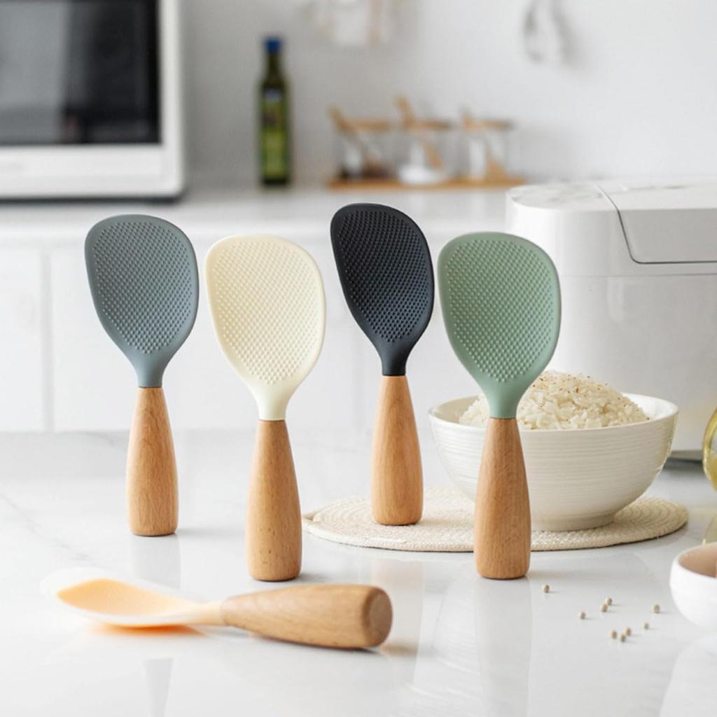 1pc Silicone Rice Serving Spoons with Wooden Handle Heat Resistant Rice Spoon Nonstick Standing Rice Ladle Scooper